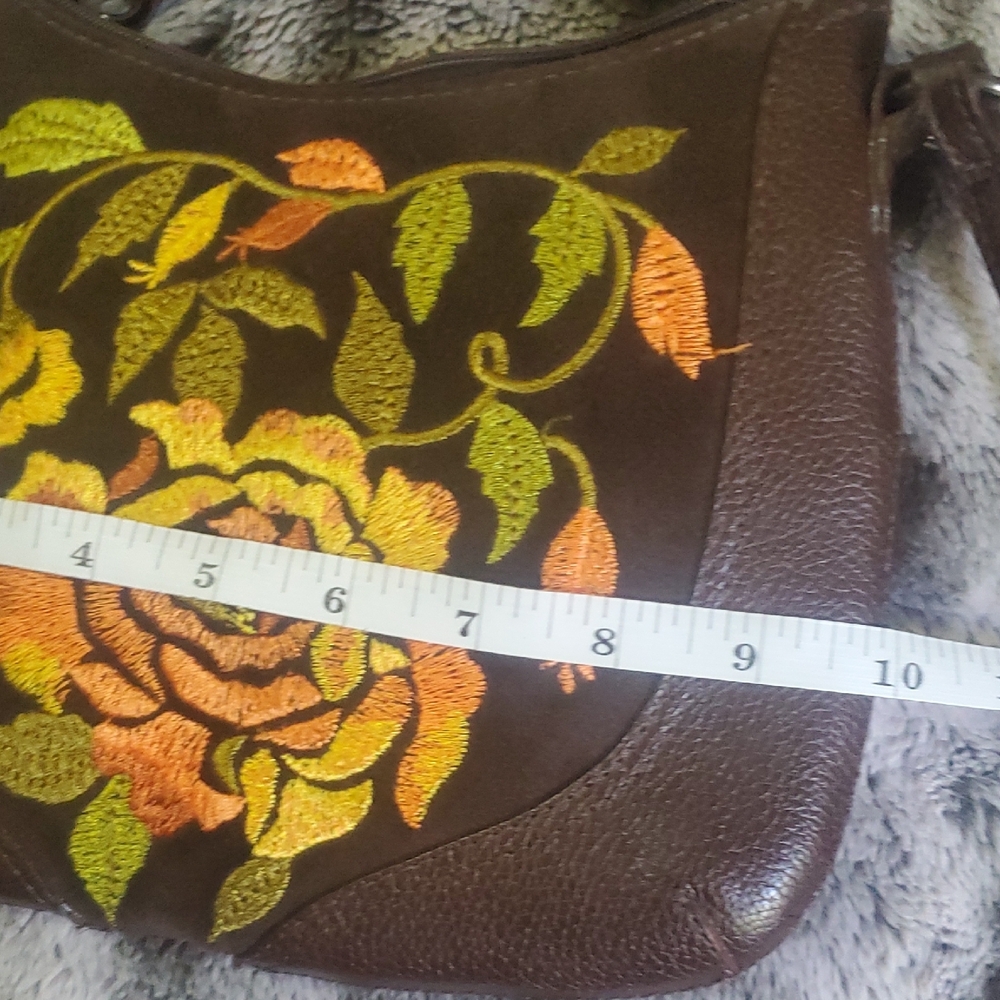 Sharif Studio Leather Brown Embroidered Floral Crossbody Bag - Picture 12 of 14